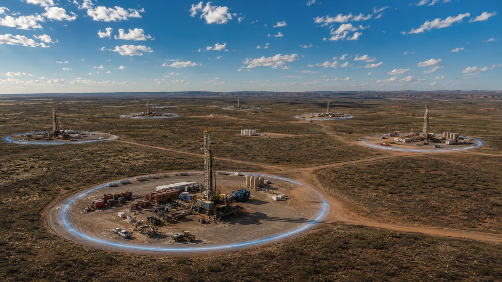 Aerial view of several energy-services well pads, each ringed by a geofence boundary, connected by lease roads