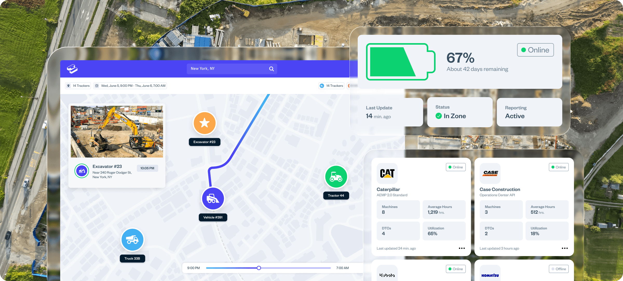 The Hapn platform dashboard showing a mixed fleet — vehicles, equipment, and OEM telematics — on one map and asset list
